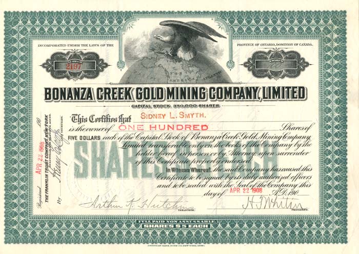 Bonanza Creek Gold Mining Co., Limited - Stock Certificate